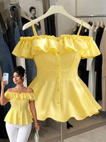 GlowEve CURVE Plus Size Women's Fashionable Elegant Delicate Spaghetti Strap Off-Shoulder Blouse, Summer - Yellow - View 4