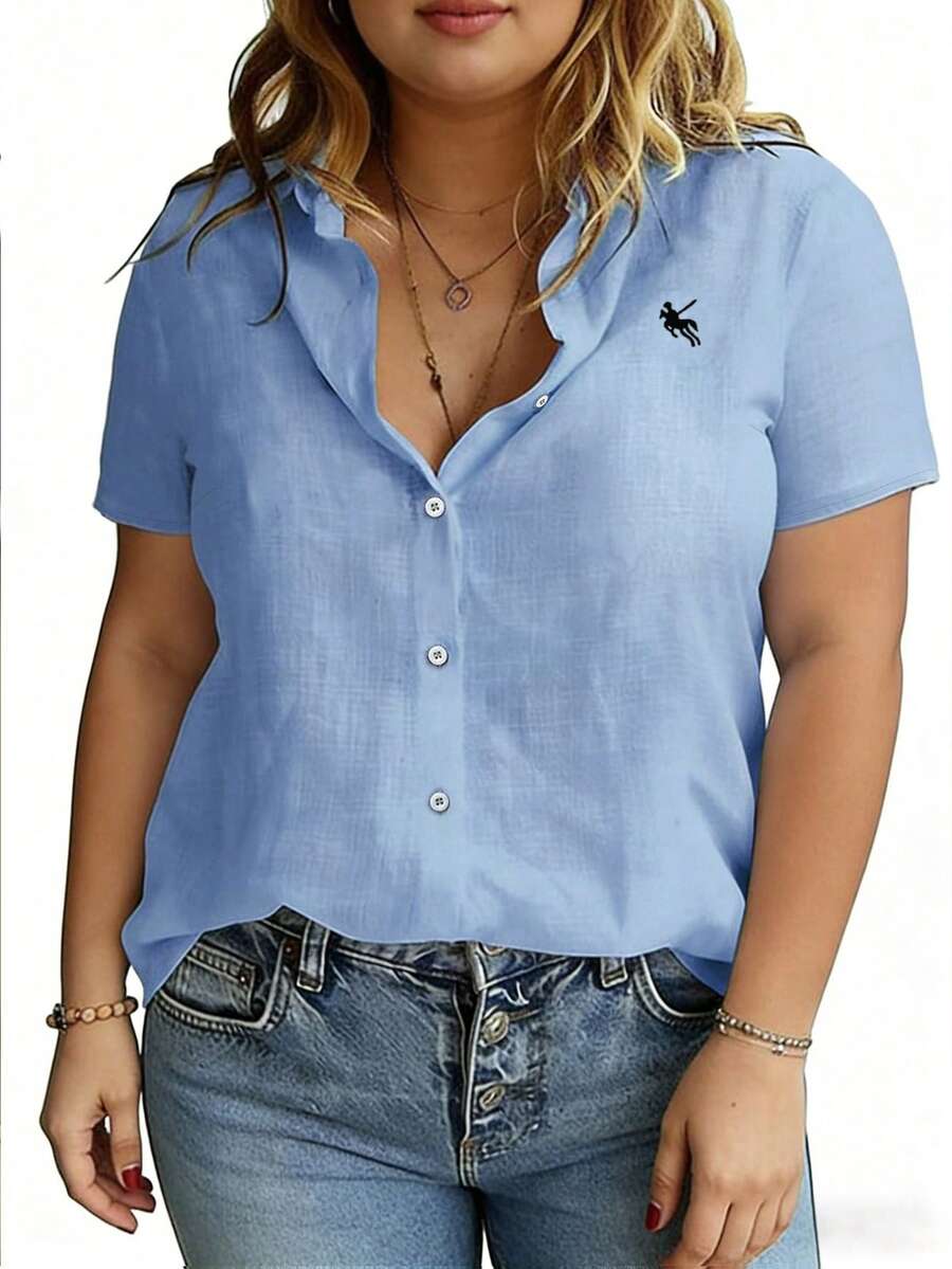 EMERY ROSE Large-Sized Woven Embroidered Casual Summer Shirt For Vacation - Blue - View 1