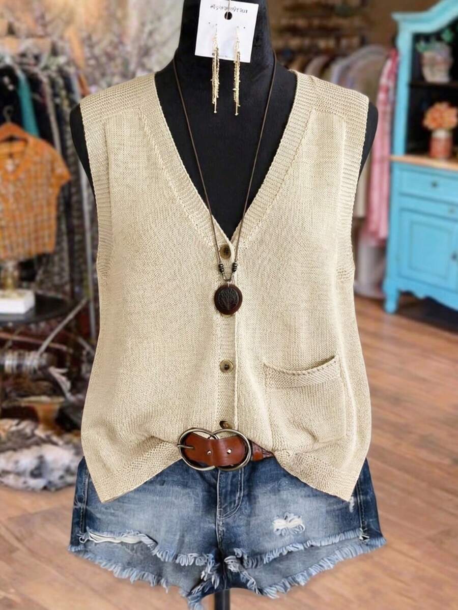 Linhara Chaleco de punto sólido con cuello en V y botones sin mangas de talla grande para mujer, para primavera/otoño - Albaricoque - Ver 1