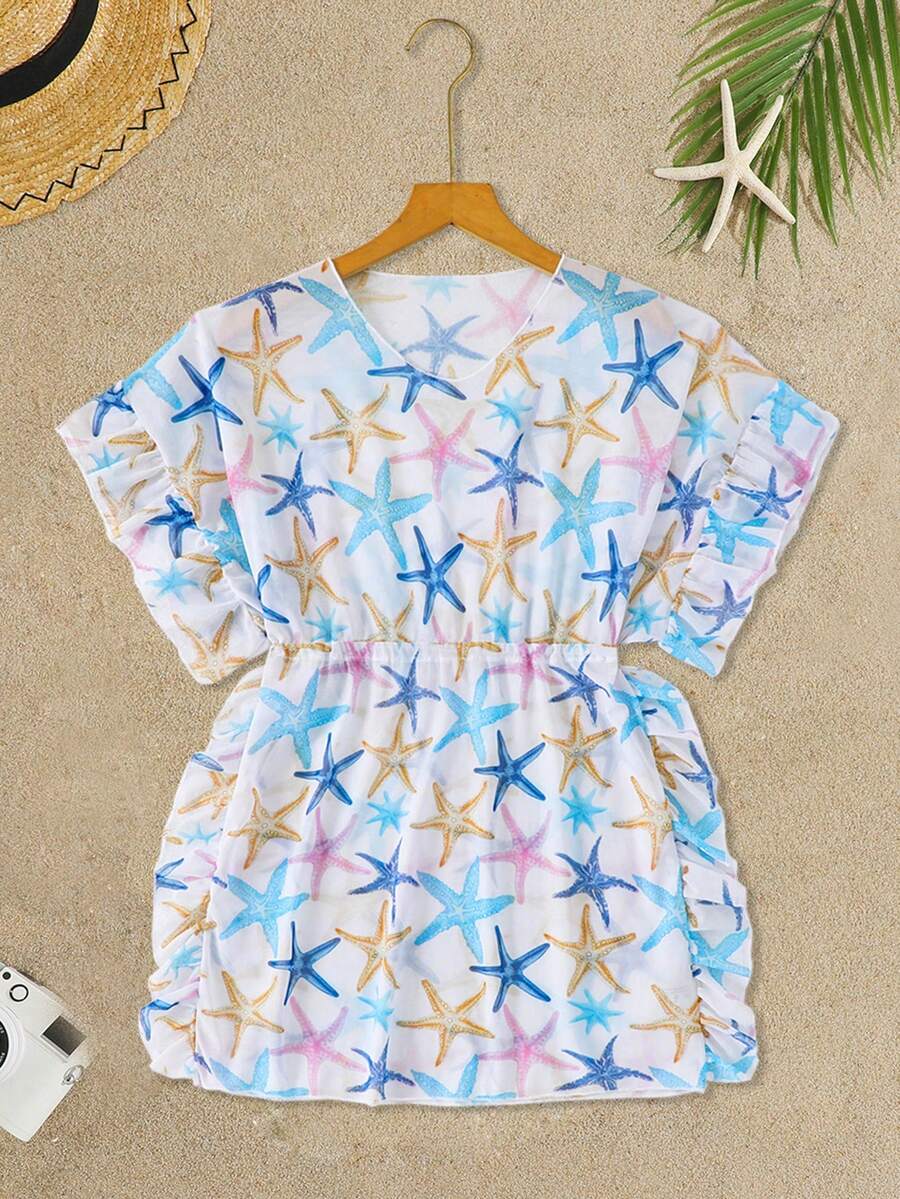 Tween Girls Swimsuit Cover Up, White Base With Blue Starfish Print, Knit Fabric With Ruffle Trim, Pullover Style, Suitable For Swimming, Beach, Pool, Summer Vacation, Casual And Elegant - Blue - View 1