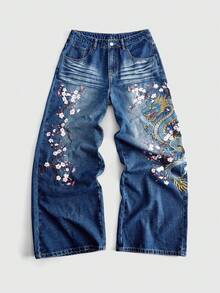 ROMWE MEN Celana Jeans Bordir Gaya Jalanan Pria - Biru - View 7