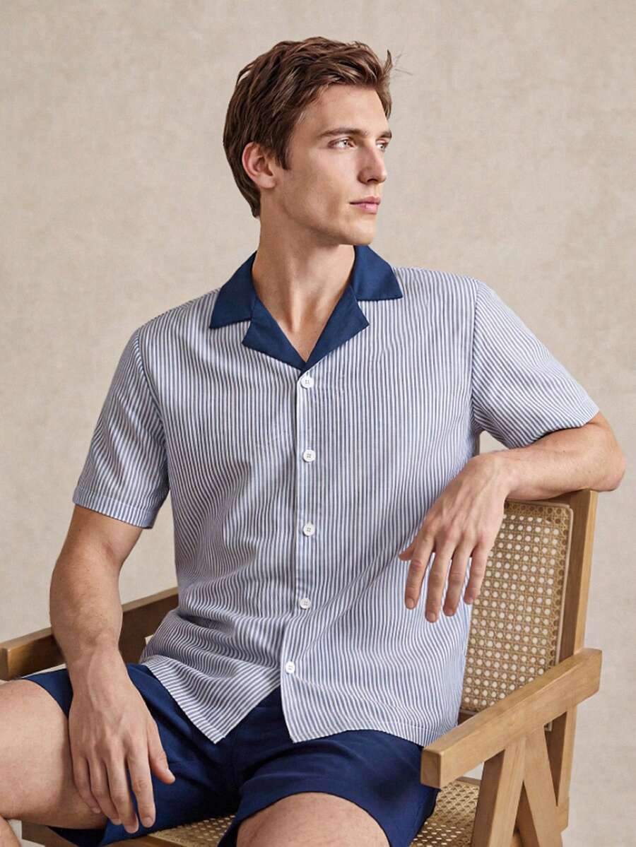 EverLounge Men's Striped Contrast Color Short Sleeve Shorts Pajama Set - Multicolor - View 1
