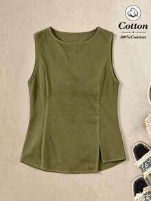 Rusticease Women Solid Color Asymmetrical Hem Round Neck Casual Tank Top - Army Green - View 1