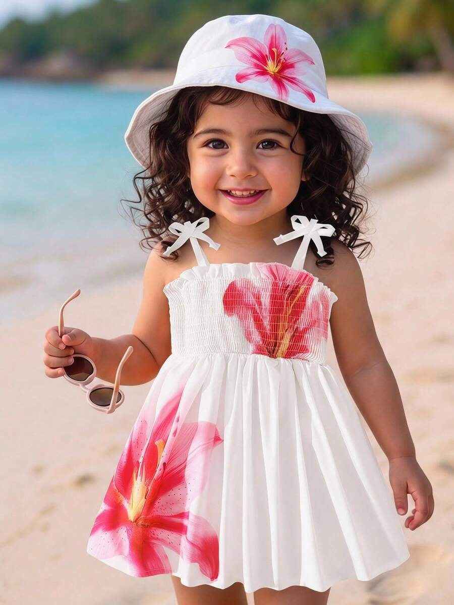 SHEIN Playful Pals Đầm họa tiết trái tim dễ thương cho bé gái - trắng - Xem 1