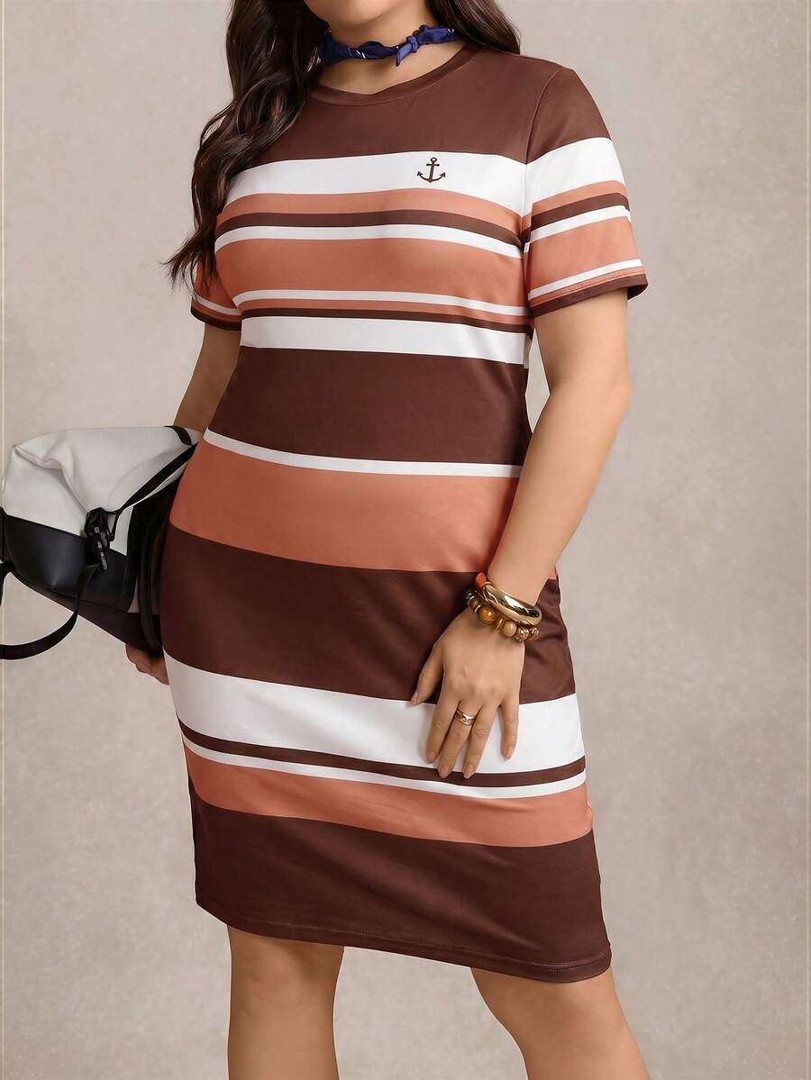 Zelara Plus Size Women Striped Round Neck Short Sleeve Casual Dress - Multicolor - View 1