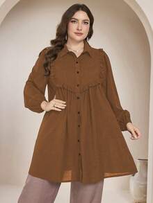 Graceveil Plus Size Casual Solid Color Long Sleeve Loose Regular Shirt, Spring/Autumn Fall - Brown - View 5