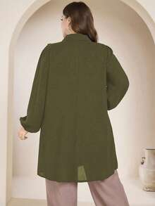 Graceveil Casual Solid Color Long Sleeve Loose Regular Fit Shirt, Plus Size, Spring/Autumn Fall - Army Green - View 2