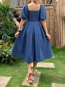 Breezaya Gaun Mini Denim Lipit Lengan Puff Leher Persegi Warna Polos untuk Wanita, Musim Panas - Biru - View 2