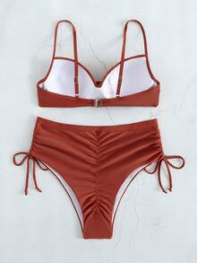 SHEIN Swim Conjunto de bikini fruncido Sujetador push-up y traje de baño de 2 piezas con bottom de cintura alta - Rosa Oxidada - Ver 2