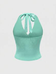 ROMWE Grunge Punk Y2K Leopard Print Halter Neck Tank Top For Women - Mint Blue - View 2
