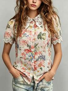 SHEIN Holidaya 新款春夏印花荷叶边短袖女式衬衫 - 彩色 - 查看 1