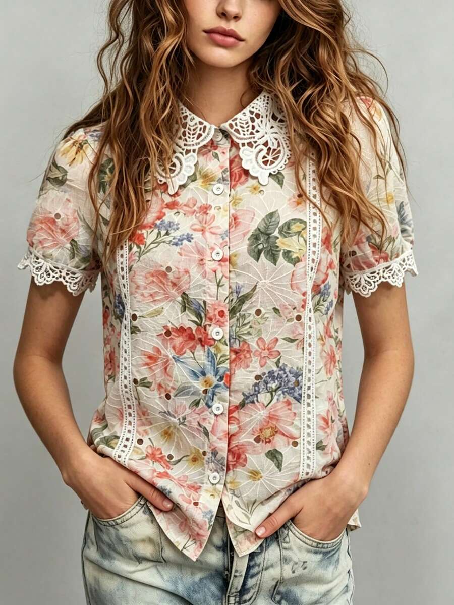 SHEIN Holidaya 新款春夏印花荷叶边短袖女式衬衫 - 彩色 - 查看 1