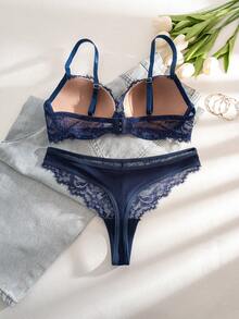 DesireSculpt 2pcs/Set Women Lace Patchwork Underwire Bra Set - Navy Blue - View 2