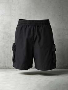 Manfinity CasualCool Celana Pendek Kargo Pria Kasual Musim Panas Warna Polos dengan Kantong Lipat, untuk Liburan - Hitam - View 4