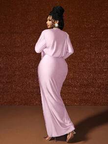Maweii Plus Size Deep V-Neck Ruched Party Dress Fall - Mauve Purple - View 2