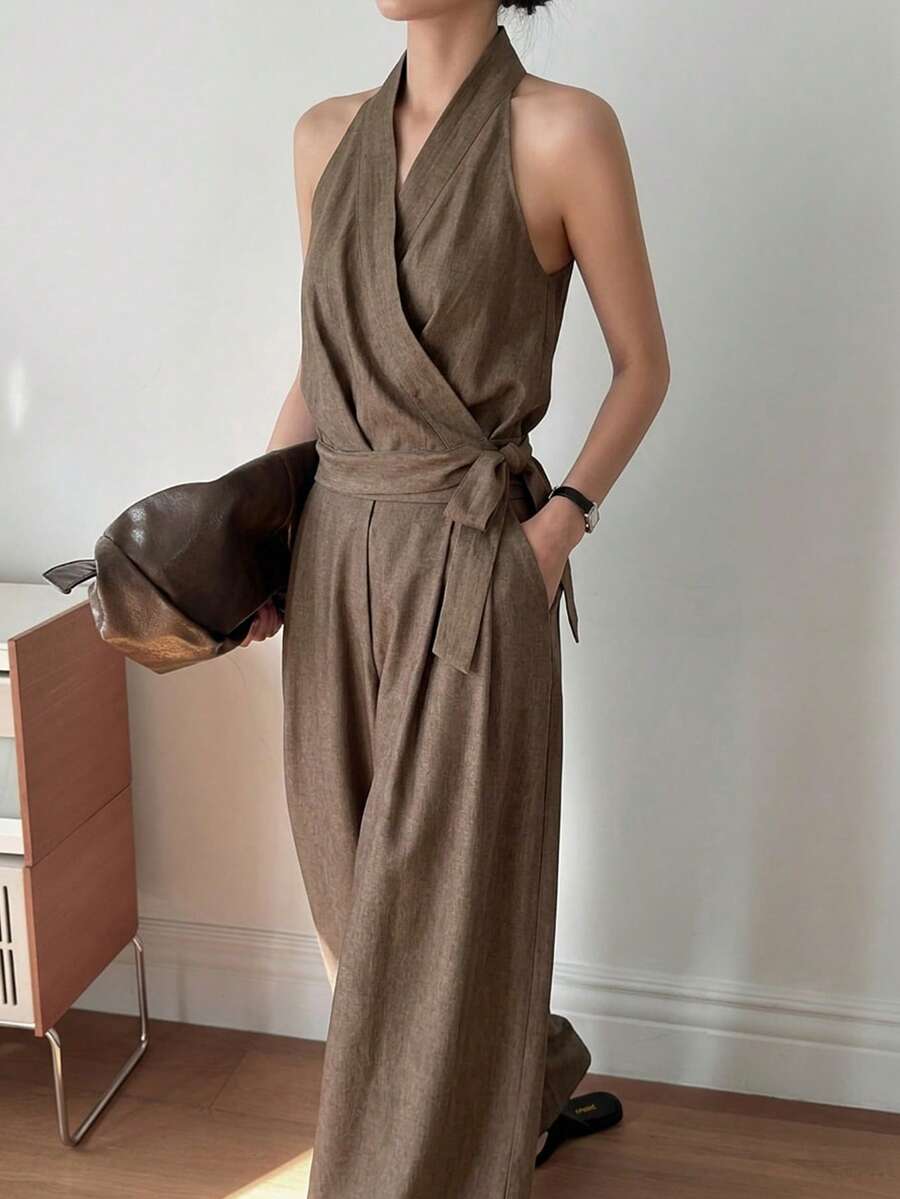 DAZY 女款V領無袖側綁帶優雅都市休閒寬鬆連身褲 商務休閒女式連身褲 - 棕色 - 查看 1