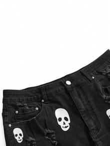 ROMWE Goth Plus Size Ripped Design Skull Print Stretchy Sexy 70's Mini Denim Shorts Black Versatile Date Night Rodeo Summer - Black - View 4