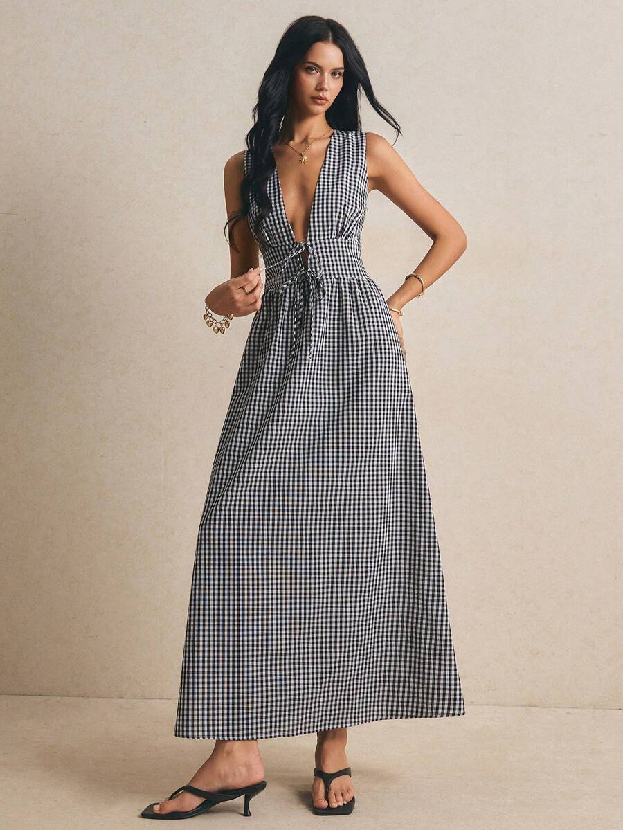 Poéselle 女士夏季海滩度假风印花深V领无袖连衣裙 - 黑與白 - 查看 1
