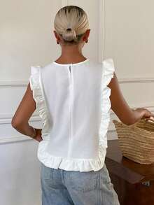 Livesso Áo kiểu nữ trơn màu cổ tròn, bèo nhún, phong cách thường ngày. - trắng - Xem 2