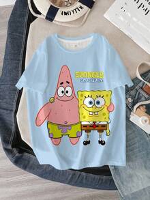 SpongeBob SquarePants | SHEIN 青少年男童圆领短袖休闲T恤， - 白色 - 查看 5