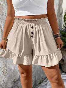 SHEIN EMERY ROSE CURVE Plus Size Women's Simple Casual Solid Color Ruffle Hem Shorts - Khaki - View 6
