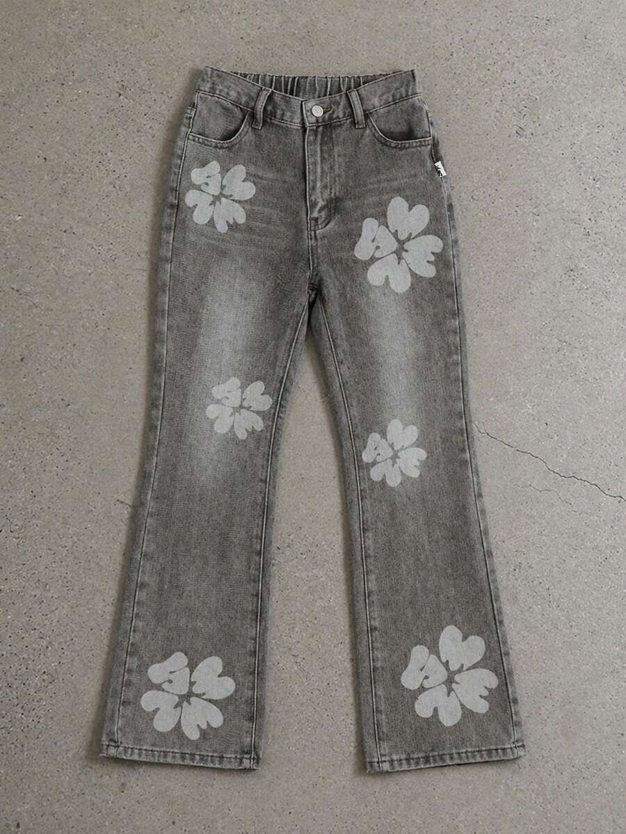 SUMWON Vintage Washed Denim Jeans With White Floral Print Design Straight Leg Casual Pants Retro Style - Grey - View 1