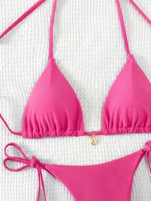 Swim Basics Conjunto de bikini de unicolor para vacaciones en la playa - Rosa - Ver 5