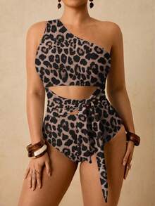 Travachic Vintage Leopard Print Contrast Color Plus Size One-Piece Swimsuit - Multicolor - View 3