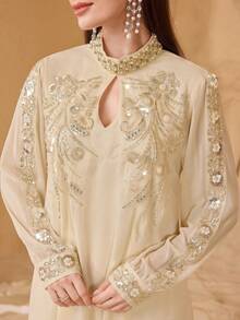 SHEIN Najma 优雅蕾丝边饰串珠装饰阿拉伯风格女式连衣裙 - 杏色 - 查看 7