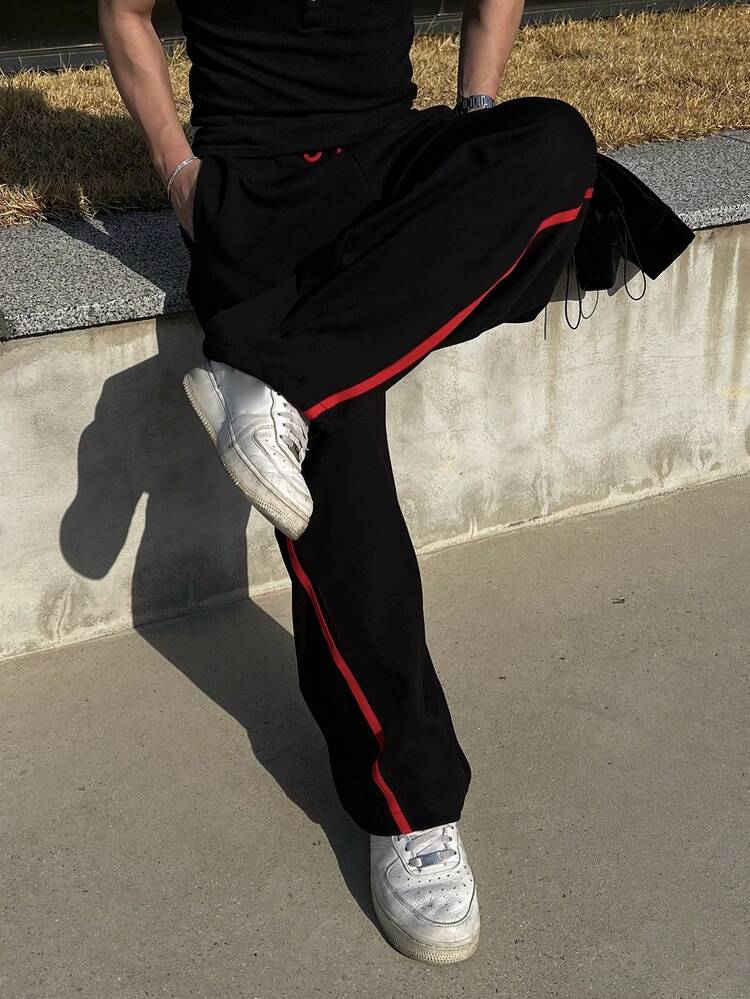 Long Black & Red Contrast Color Stripe Curved Blade Design Men's Pants