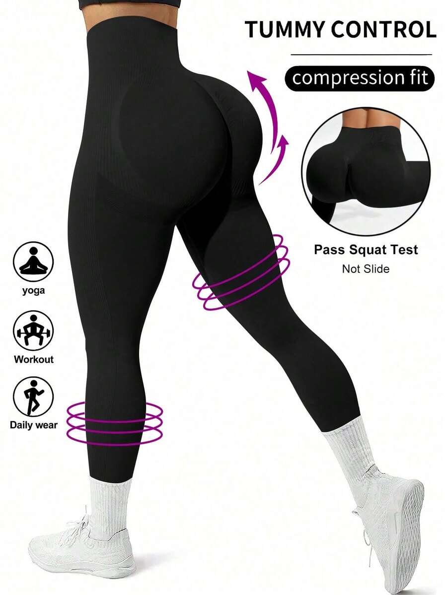 Rhythm Era Quần legging ôm sát màu trơn size lớn cho nữ, tập yoga & chạy bộ - màu đen - Xem 1