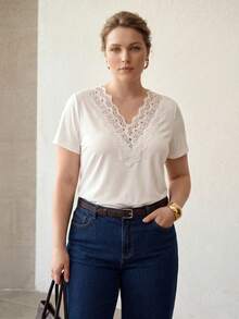 MOTF PREMIUM PLUS SIZE WOMEN SUMMER CASUAL HOLLOW CONTRAST LACE V-NECK SHORT SLEEVE T-SHIRT - White - View 1