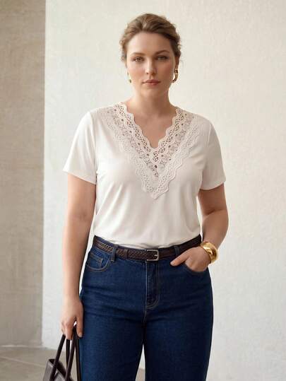MOTF PREMIUM Damen Große Größen Sommer Casual Kontrast Spitze V-Ausschnitt Kurzarm T-Shirt