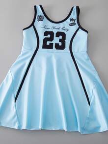 SHEIN Young Girl Colorblock Crew Neck Sleeveless Dress With Numeric Pattern, Sportswear - Multicolor - View 9