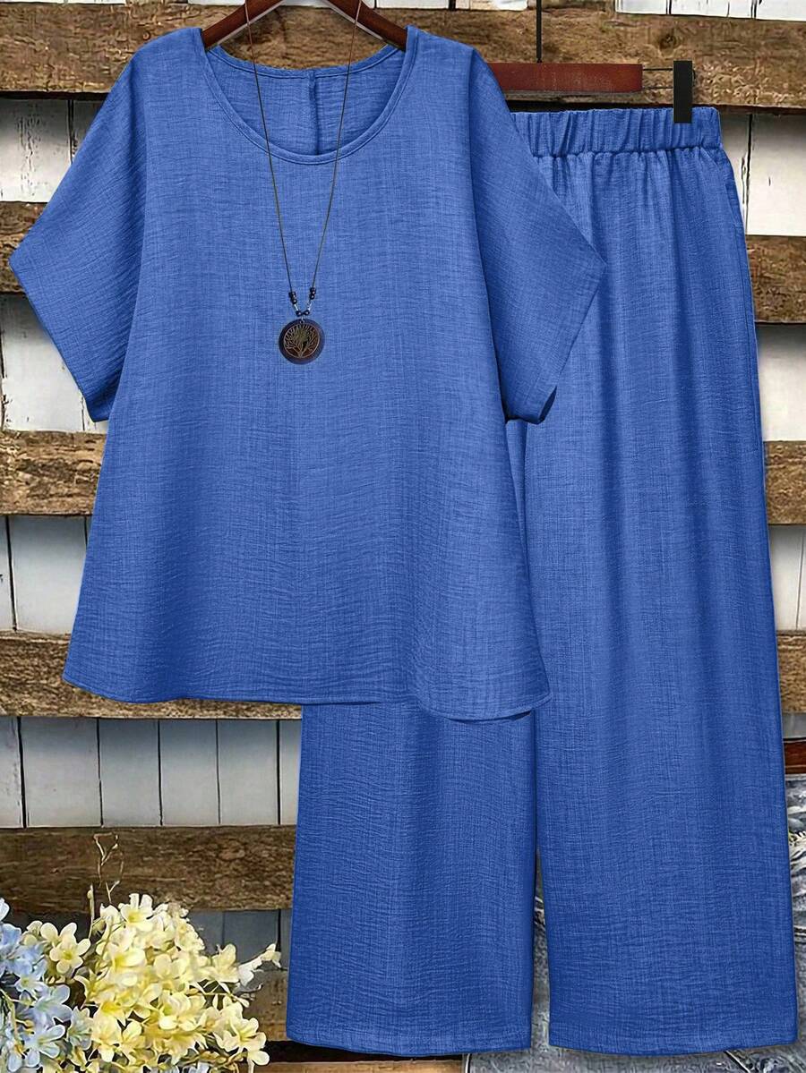 EMERY ROSE Setelan Linen 2 Potong Wanita Ukuran Besar, Atasan Lengan Pendek Leher Bulat Warna Biru Tua dan Celana Panjang Kaki Lebar Pinggang Elastis, Setelan Kasual Elegan untuk Liburan Musim Panas - Baby Blue - View 1