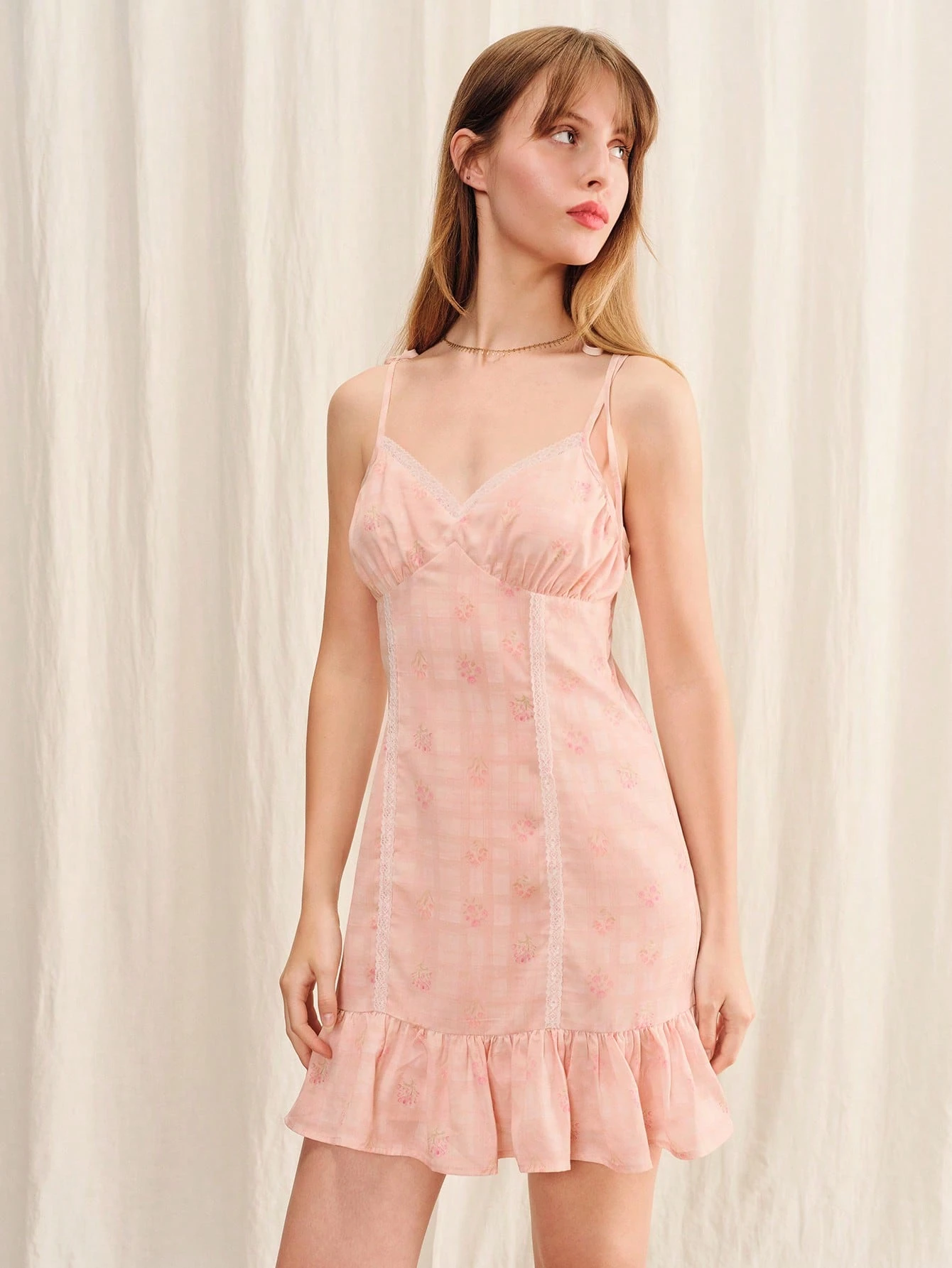 Pink Floral Print Woven Mini Dress With Tie Shoulder Straps And Ruffle Hem Cute Vintage Summer Feminine Casual Holiday Dress French Style Dress