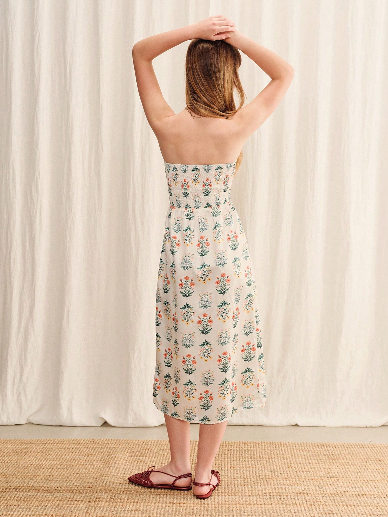 Boho Cream Strapless Floral Print Midi Dress With Shirred Chest Loose Fit Spring Summer Casual Holiday Dress French Style Vacation Dress Going Out Dress