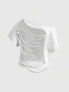 ROMWE Grunge Punk Camiseta corta holgada con hombro asimétrico, espalda abierta y rasgada - Blanco - Ver 2