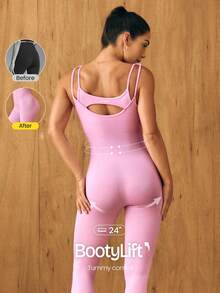 GLOWMODE 24" Ultrafine Soft Seamless Glow Ahead Ribbed Waist Removable Cups Sweetheart Neckline Bodysuit Medium Impact Training Running Workout Gym Wear - Pink - View 2