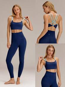 GLOWMODE Áo ngực thể thao FeatherFit™ thoáng khí, nhẹ, thấm hút mồ hôi, dây đeo chéo lưng tương phản, có mút đệm chống trượt có thể tháo rời, thích hợp cho yoga, pilates và mặc hàng ngày. - Dark Blue - Xem 8