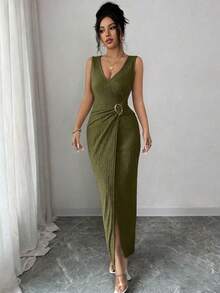 SHEIN Raffinéa Women's Elegant Textured Metal Ring Detail Split Dress, Summer - Army Green - View 6