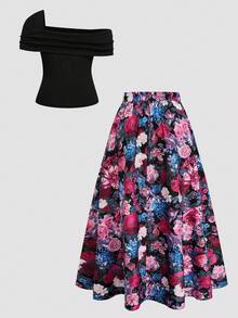 SHEIN Clasi Plus Size Women's Summer Solid Color Knit Asymmetric Collar Short Sleeve Fitted Versatile Top And Black Pink Retro Elegant Skirt Wedding Evening Party - Black - View 2