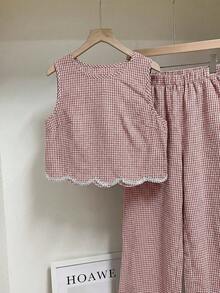 SHEIN PETITE CURVE 大码女式格子圆领刺绣拼接下摆背心和休闲口袋裤两件套 - 棕色 - 查看 7