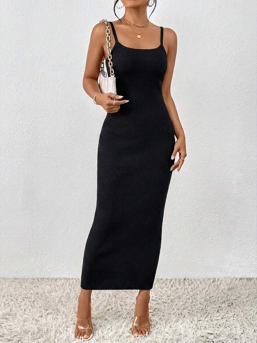 SHEIN LUNE Solid Color Fitted Knit Camisole Dress - Black - View 1