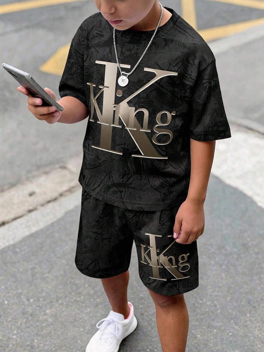 青少年男童休闲舒适时尚简约圆领短袖T恤短裤套装,经典酷炫国王文字图案印花,扎染图案印花 - 彩色 - 查看 1