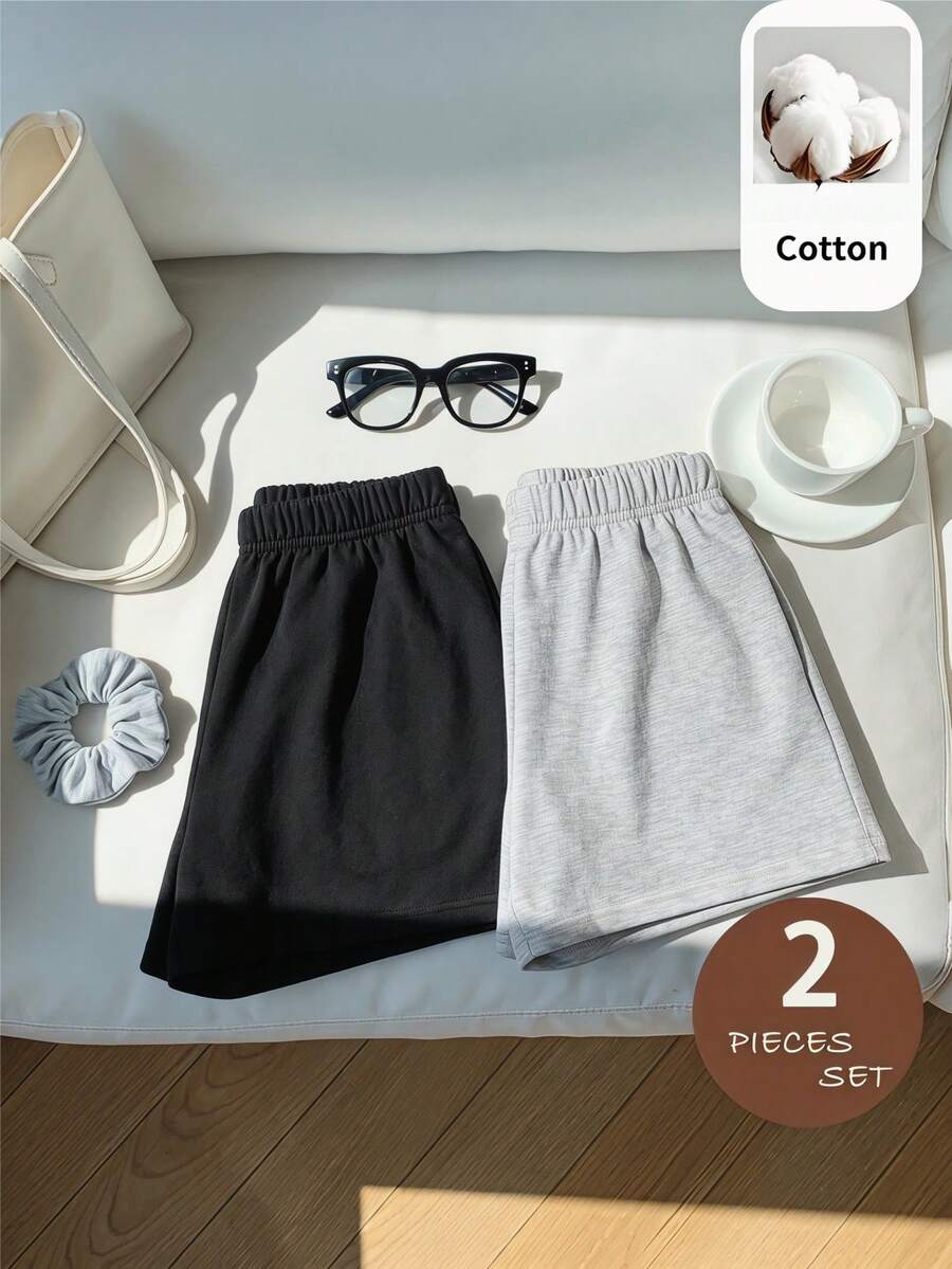 SHEIN 2pcs Tween Girls' Solid Color Knit Casual Shorts Set - Multicolor - View 1