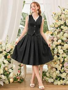2pcs/Set Blue Denim Sleeveless Vest & Pleated Mini Skirt For Teenage Girls - Black - View 5