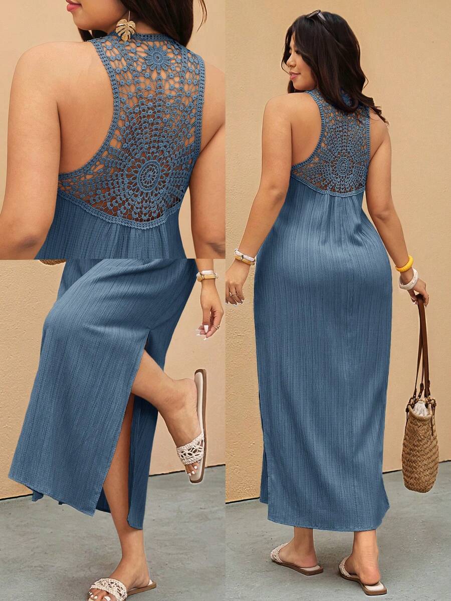 Elaquor Plus Size Casual Vacation V-Neck Lace Patchwork Split Dress - Blue - View 1