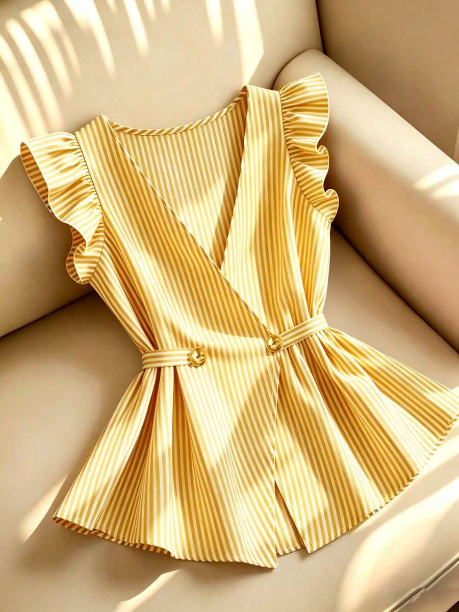 SHEIN Franclia 优雅条纹荷叶袖衬衫,适合休闲、度假、海滩、通勤等场合。 - 黃色 - 查看 1