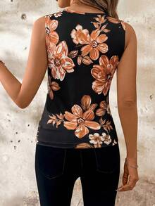 SHEIN Clasi 花卉印花荷叶边领女式T恤 - 橘色 - 查看 2